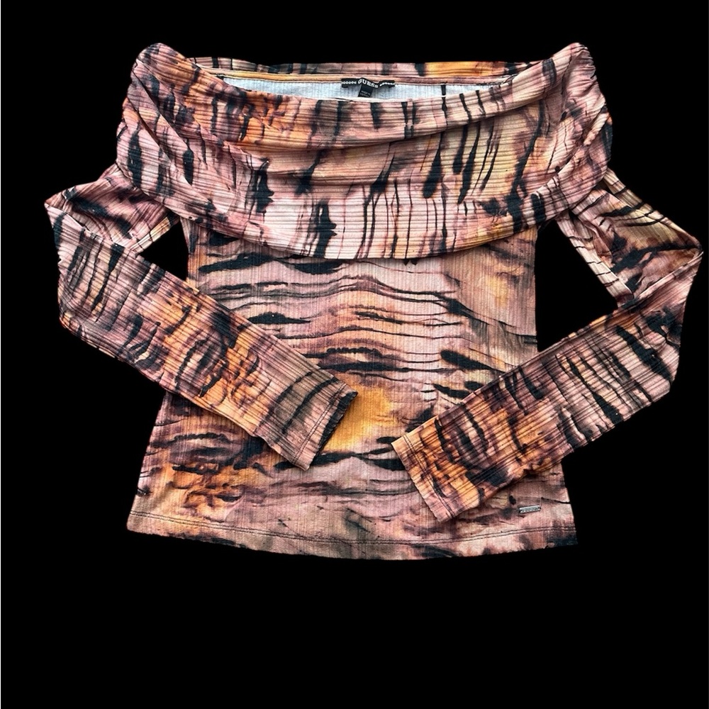 GUESS Off Shoulder Ribbed Top NWOT Y2K Tiger Stripes Animal Print